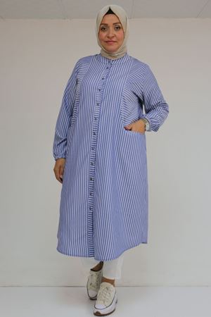 48072-1 Büyük Beden Kolları Lastikli Tunik - Lacivert Çizgili