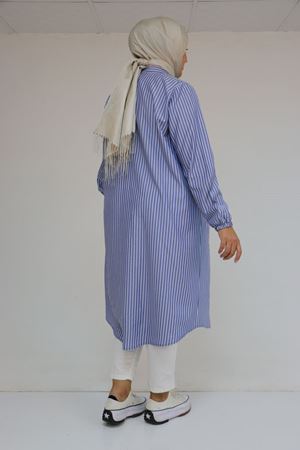 48072-1 Büyük Beden Kolları Lastikli Tunik - Lacivert Çizgili