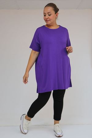 58507 Büyük Beden Yakası Biyeli Penye Tişört - Lila