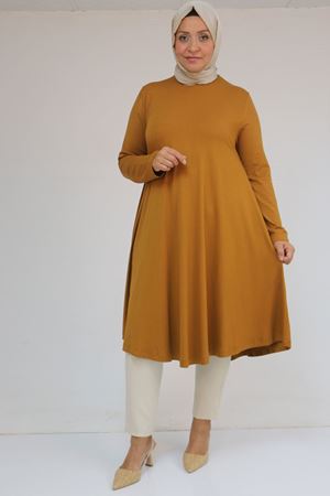 28016 Büyük Beden Penye Mevlana Tunik - Hardal
