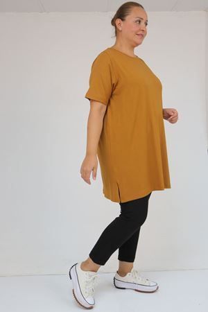 58507 Büyük Beden Yakası Biyeli Penye Tişört - Hardal