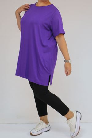 58507 Büyük Beden Yakası Biyeli Penye Tişört - Lila
