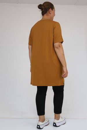 58507 Büyük Beden Yakası Biyeli Penye Tişört - Hardal