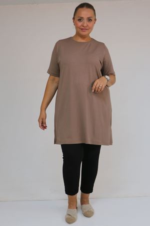 58507 Büyük Beden Yakası Biyeli Penye Tişört - Vizon