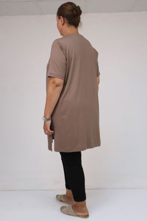 58507 Büyük Beden Yakası Biyeli Penye Tişört - Vizon