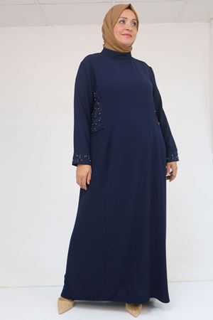 52013 Büyük Beden Taş Detaylı Krep Elbise - Lacivert