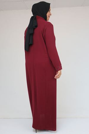 52013 Büyük Beden Taş Detaylı Krep Elbise - Bordo