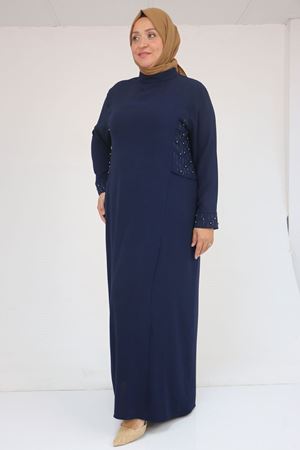 52013 Büyük Beden Taş Detaylı Krep Elbise - Lacivert
