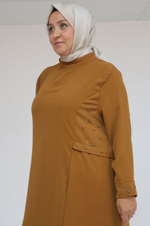 52013 Büyük Beden Taş Detaylı Krep Elbise - Hardal