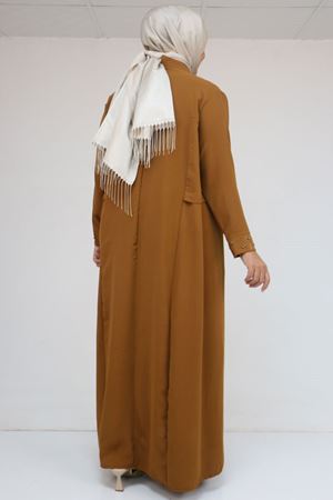 52013 Büyük Beden Taş Detaylı Krep Elbise - Hardal