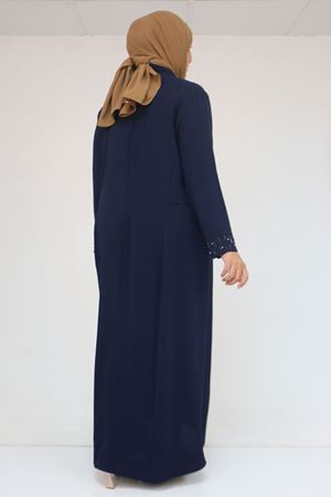 52013 Büyük Beden Taş Detaylı Krep Elbise - Lacivert