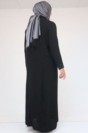 52013 Büyük Beden Taş Detaylı Krep Elbise - Siyah