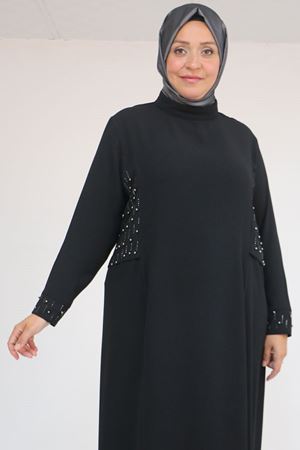 52013 Büyük Beden Taş Detaylı Krep Elbise - Siyah