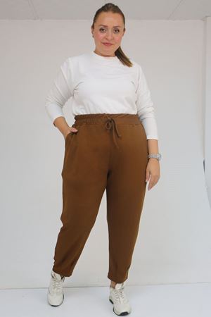 59028 Büyük Beden Paçası Çıma Detaylı Modal Pantolon - Taba