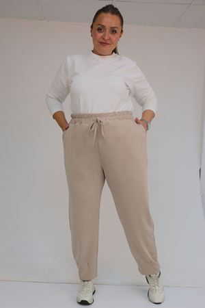 59028 Büyük Beden Paçası Çıma Detaylı Modal Pantolon - Vizon