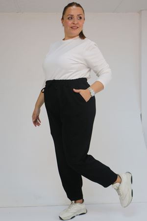 59028 Büyük Beden Paçası Çıma Detaylı Modal Pantolon - Siyah
