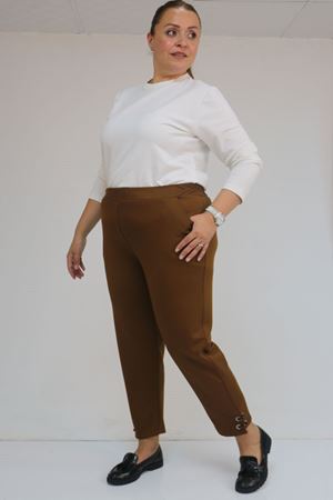 59012 Büyük Beden Paçasında Kuş Gözü Detaylı Modal Pantolon - Taba