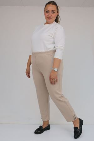 59012 Büyük Beden Paçasında Kuş Gözü Detaylı Modal Pantolon - Vizon