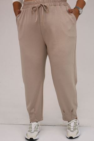 59027 Büyük Beden Paçasında İnci Çakma Modal Pantolon - Vizon