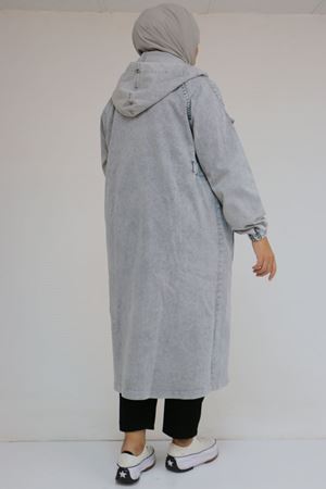 43049 Büyük Beden Kapüşonlu  D Halkalı Kot Kap - Gri