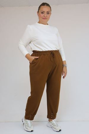 59027 Büyük Beden Paçasında İnci Çakma Modal Pantolon - Taba