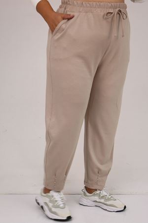 59027 Büyük Beden Paçasında İnci Çakma Modal Pantolon - Vizon