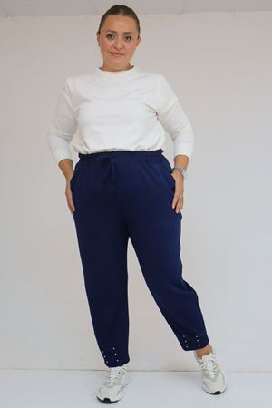 59027 Büyük Beden Paçasında İnci Çakma Modal Pantolon - İndigo
