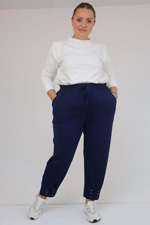 59027 Büyük Beden Paçasında İnci Çakma Modal Pantolon - İndigo