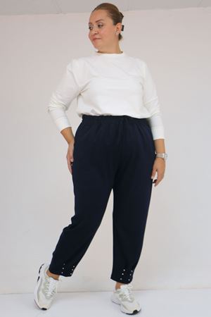 59027 Büyük Beden Paçasında İnci Çakma Modal Pantolon - Lacivert
