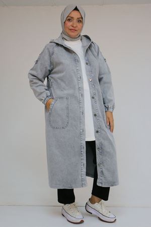 43049 Büyük Beden Kapüşonlu  D Halkalı Kot Kap - Gri