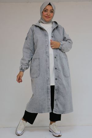 43049 Büyük Beden Kapüşonlu  D Halkalı Kot Kap - Gri