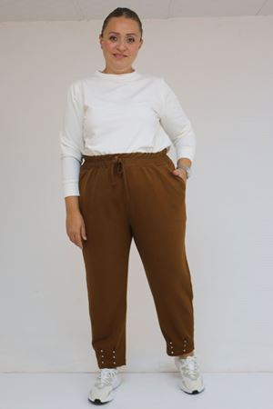 59027 Büyük Beden Paçasında İnci Çakma Modal Pantolon - Taba