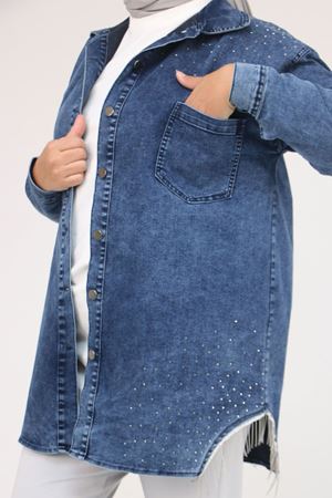 43009 Büyük Beden Erkek Yaka Kot Kap - Mavi