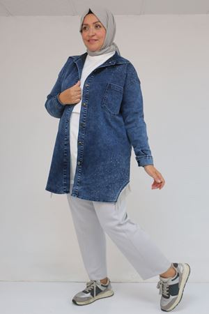 43009 Büyük Beden Erkek Yaka Kot Kap - Mavi