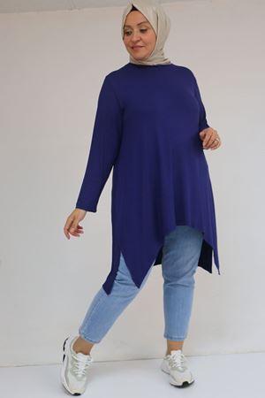 58106 Büyük Beden Eteği Asimetrik Kesim Çilek Tunik - İndigo