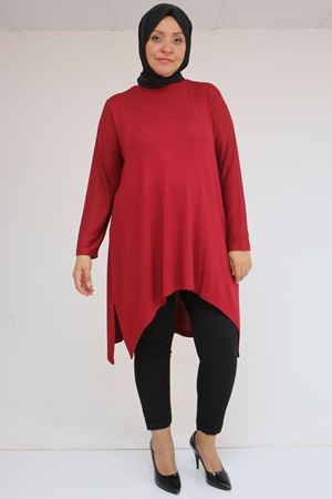 58106 Büyük Beden Eteği Asimetrik Kesim Çilek Tunik - Bordo