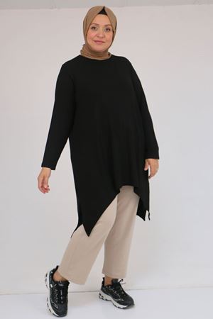 58106 Büyük Beden Eteği Asimetrik Kesim Çilek Tunik - Siyah