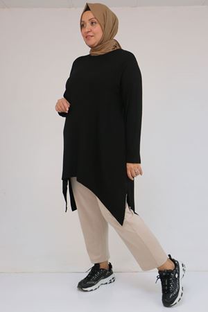 58106 Büyük Beden Eteği Asimetrik Kesim Çilek Tunik - Siyah