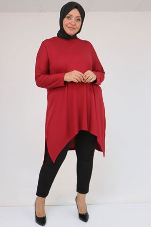 58106 Büyük Beden Eteği Asimetrik Kesim Çilek Tunik - Bordo