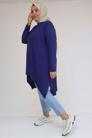 58106 Büyük Beden Eteği Asimetrik Kesim Çilek Tunik - İndigo
