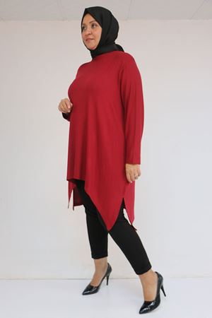 58106 Büyük Beden Eteği Asimetrik Kesim Çilek Tunik - Bordo