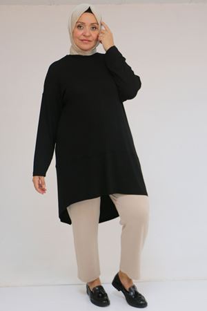 58105 Büyük Beden Arkası Çarpraz Detaylı Çilek Tunik - Siyah