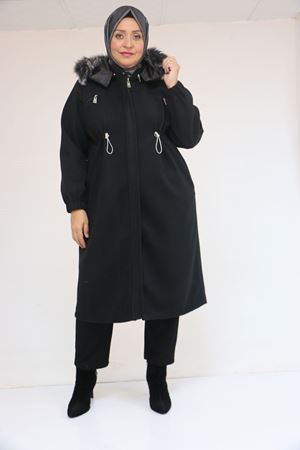 43087 Büyük Beden Kolları Lastikli Kapşonlu Kaşe Kaban - Siyah