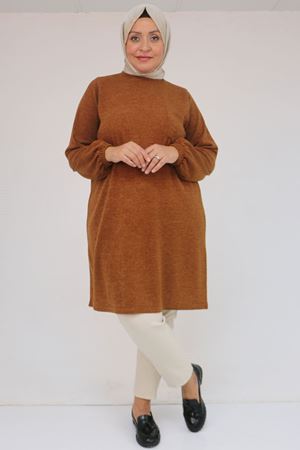 58104 Büyük Beden Kolu Lastikli Cepli Mir Tunik - Taba