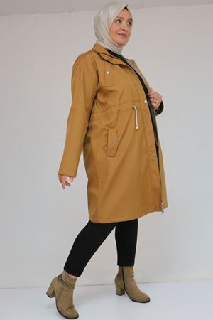 43054 Büyük Beden Belden Bağlamalı Çizgili Bondit Trençkot - Taba