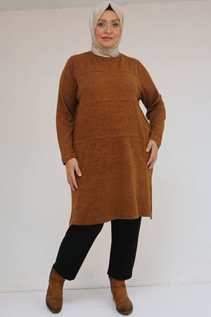 58103 Büyük Beden Biye Detaylı Mir Tunik - Taba