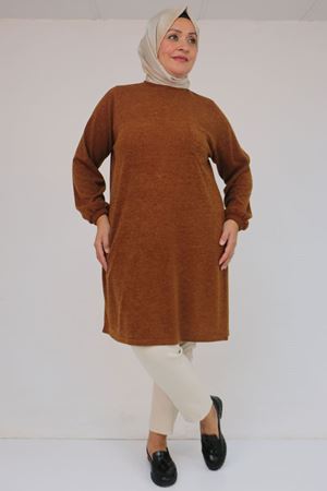 58104 Büyük Beden Kolu Lastikli Cepli Mir Tunik - Taba