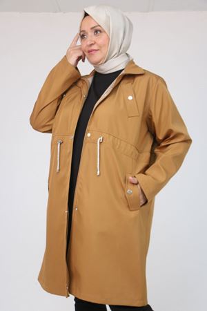 43054 Büyük Beden Belden Bağlamalı Çizgili Bondit Trençkot - Taba