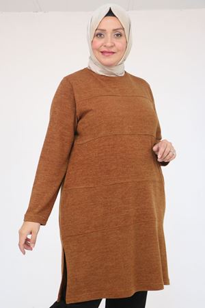 58103 Büyük Beden Biye Detaylı Mir Tunik - Taba