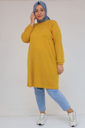58104 Büyük Beden Kolu Lastikli Cepli Mir Tunik - Hardal